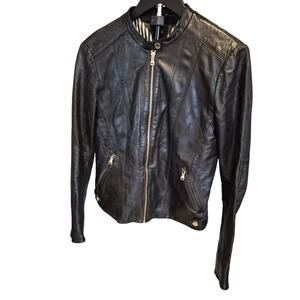 Massimo Dutti Black Sheep Leather Moto Cafe Racer Jacket Striped Lining Small